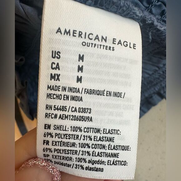 American Eagle Women Size Medium Blue Smocked Lace Up Adjustable Strap Crop Top - Picture 12 of 13